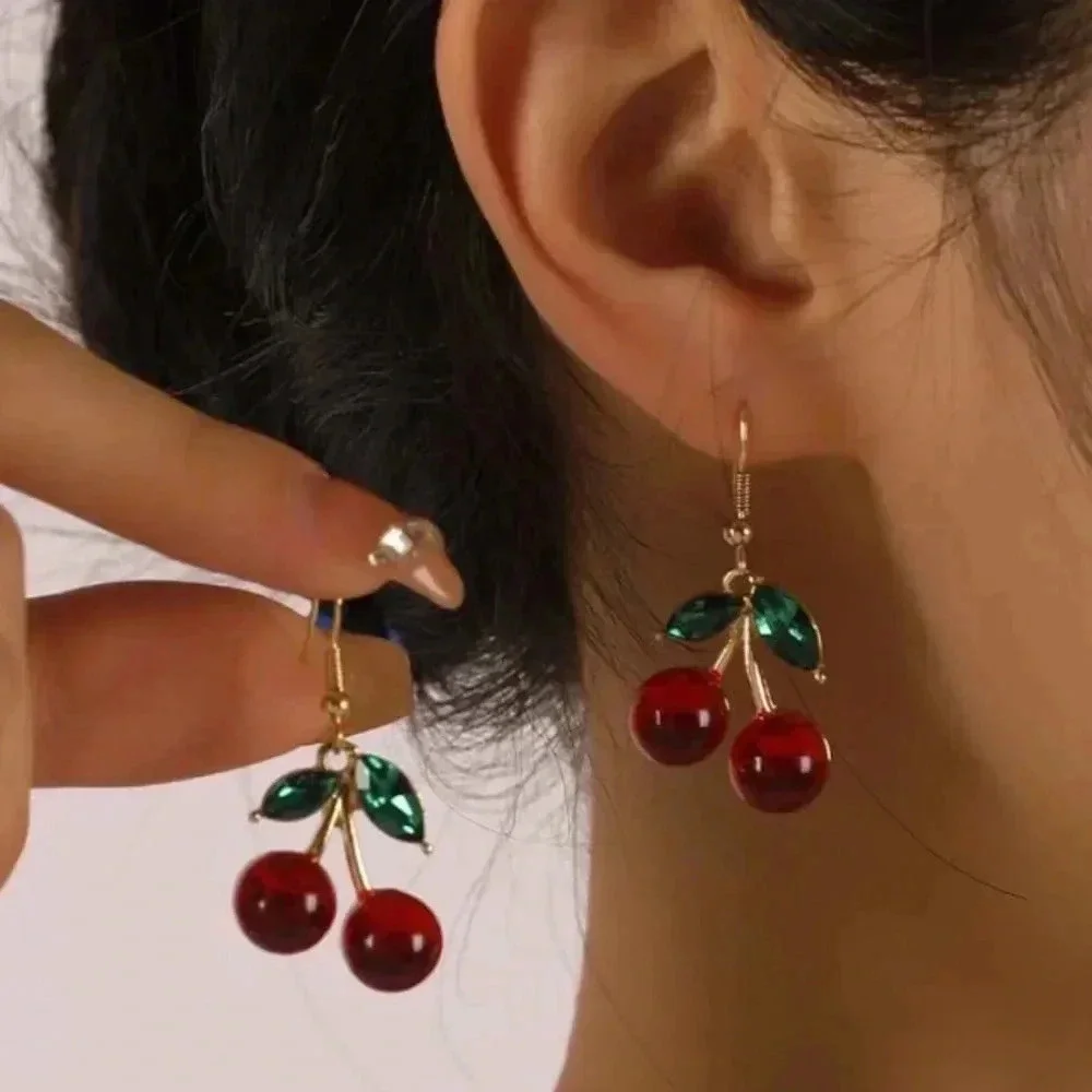 Red cherries green leaf dangle drop earrings date night spring summer Christmas